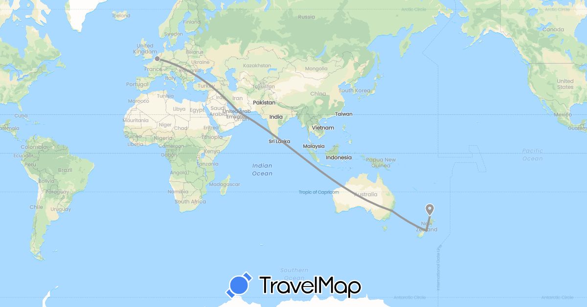 TravelMap itinerary: driving, plane in United Arab Emirates, Australia, Belgium, New Zealand (Asia, Europe, Oceania)
